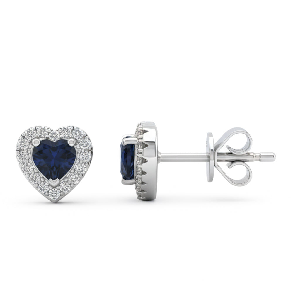 .76ct G SI 14kt White Gold Diamond & Blue Sapphire Gemstone Heart Shape Stud Earrings