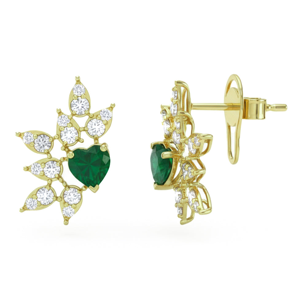 1.43ct G SI 14kt Yellow Gold Heart Shaped Diamond & Emerald Gemstone Stud Earrings