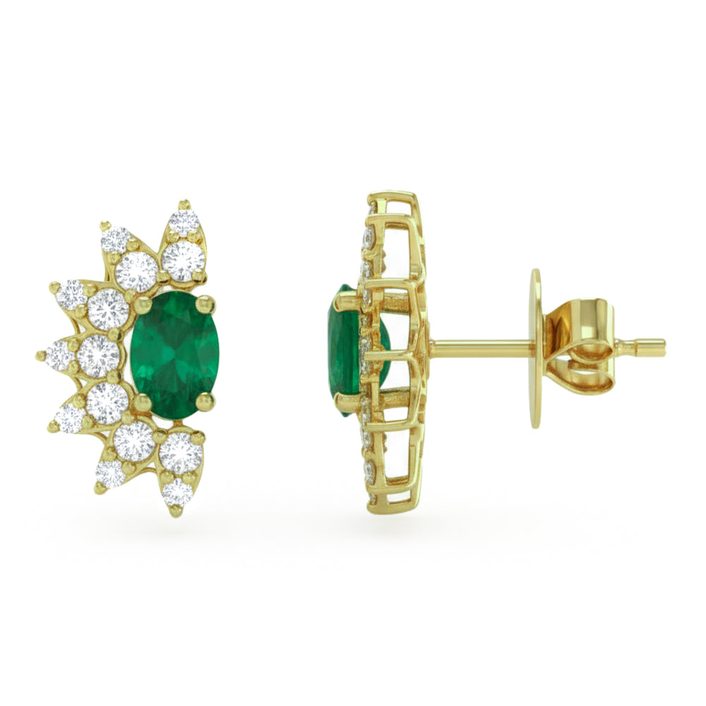1.43ct G SI 14kt Yellow Gold Modern Diamond & Emerald Gemstone Stud Earrings