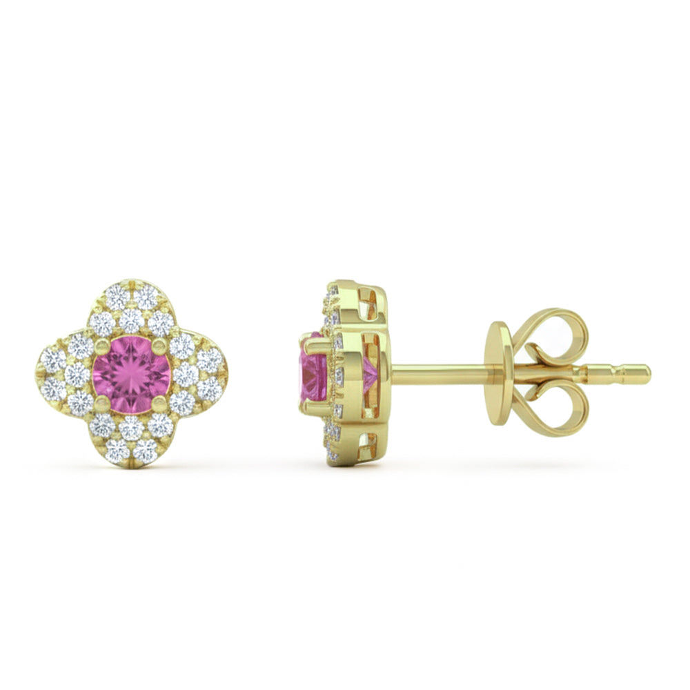 .30ct G SI 14kt Yellow Gold Diamond & Pink Sapphire Gemstone Clover Stud Earrings