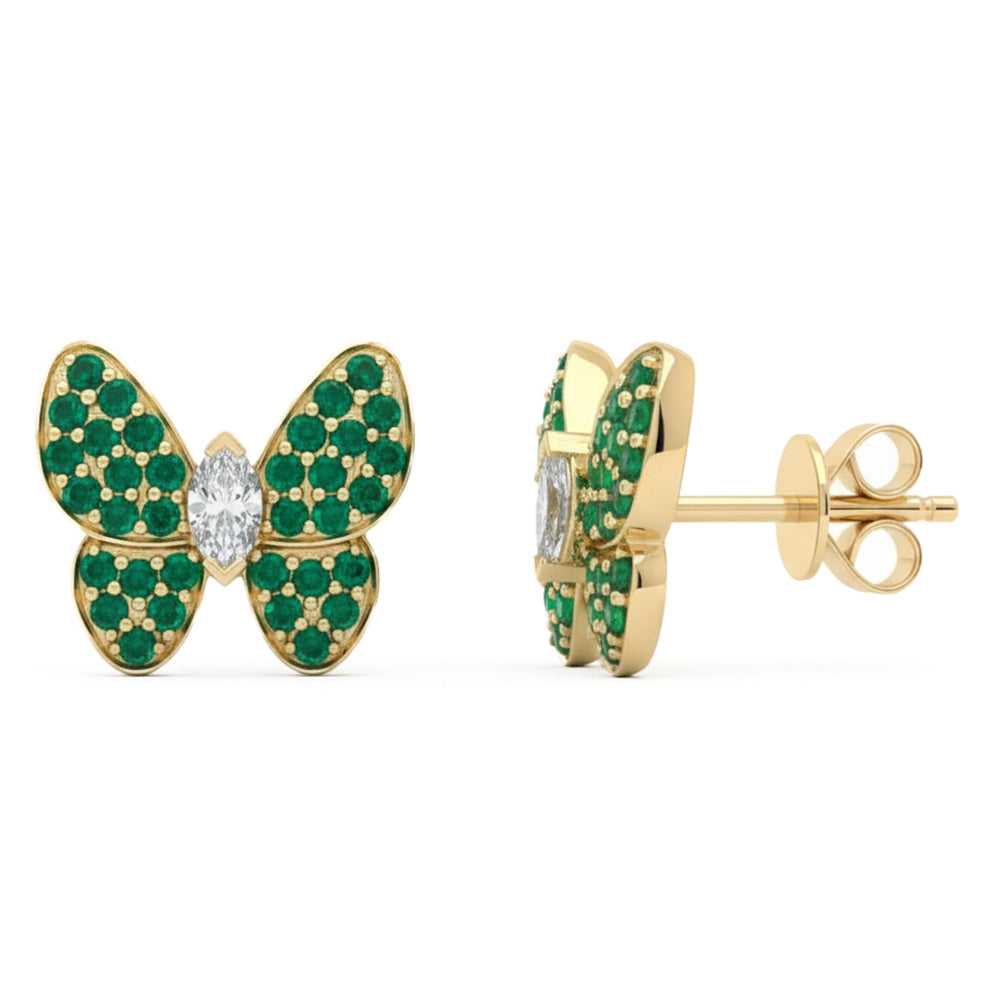 1.40ct G SI 14kt Yellow Gold Diamond & Emerald Gemstone Butterfly Stud Earrings