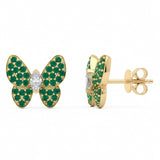 1.40ct G SI 14kt Yellow Gold Diamond & Emerald Gemstone Butterfly Stud Earrings