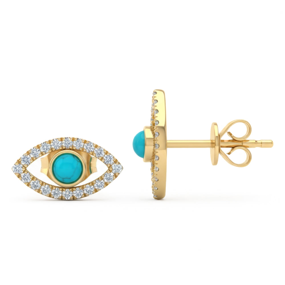 .44ct G SI 14kt Yellow Gold Diamond & Turquoise Gemstone Evil Eye Stud Earrings