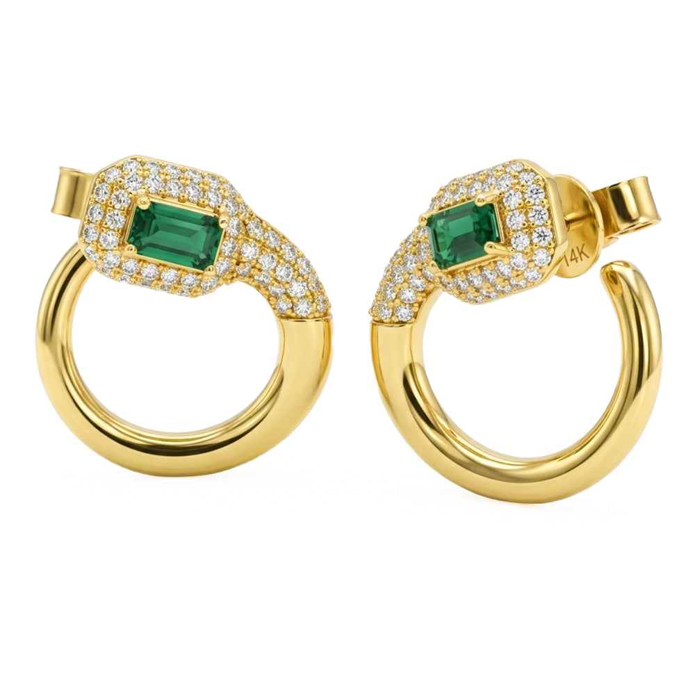 .85ct G SI 14kt Yellow Gold Modern Diamond & Emerald Gemstone Hoop Earrings