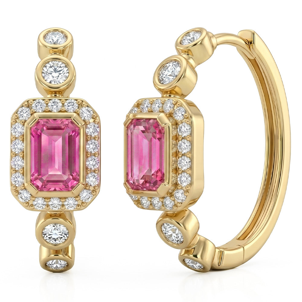 .65ct G SI 14kt Yellow Gold Diamond & Pink Sapphire Gemstone Hoop Earrings