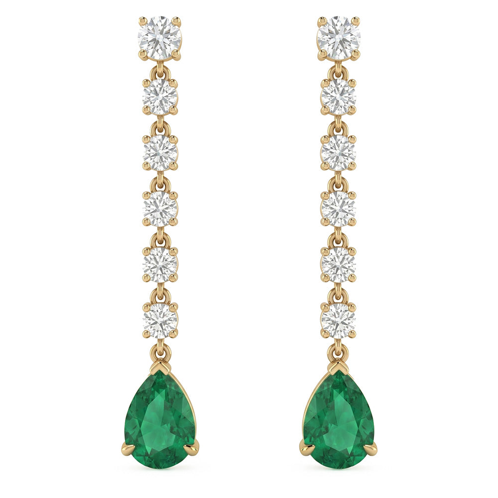 1.57ct G SI 14kt Yellow Gold Diamond & Emerald Gemstone Long Drop Earrings