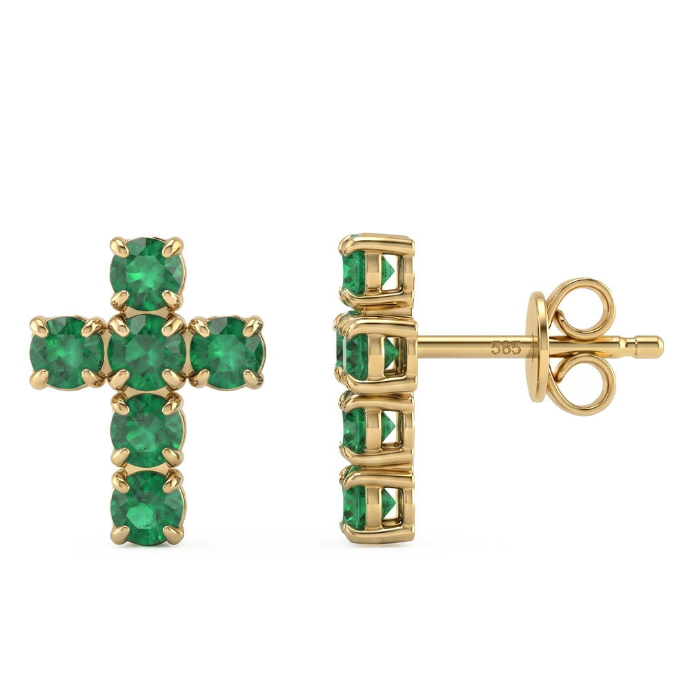 <span style="color:purple">SPECIAL!</span> .89ct G SI 14kt Yellow Gold Emerald Gemstone Cross Earrings