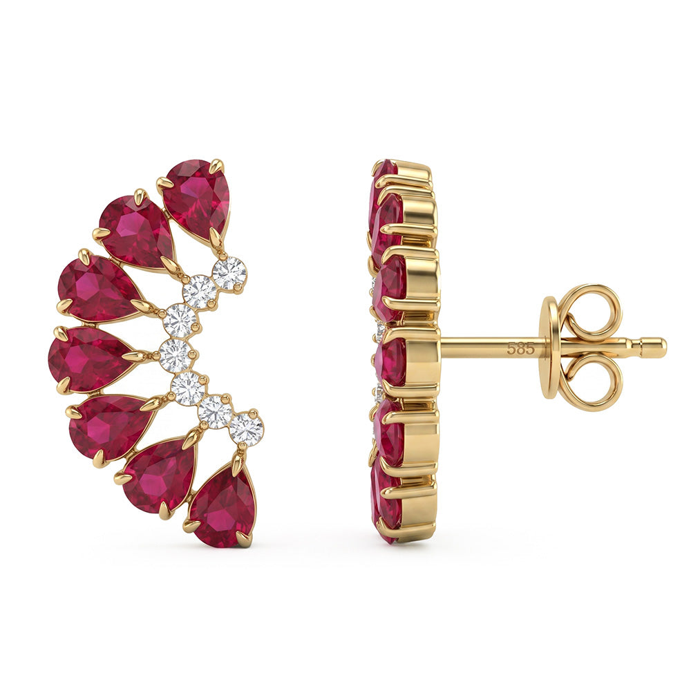 <span style="color:purple">SPECIAL!</span> 2.75ct G SI 14kt Yellow Gold Diamond & Ruby Gemstone Flower Ear Crawler Earrings