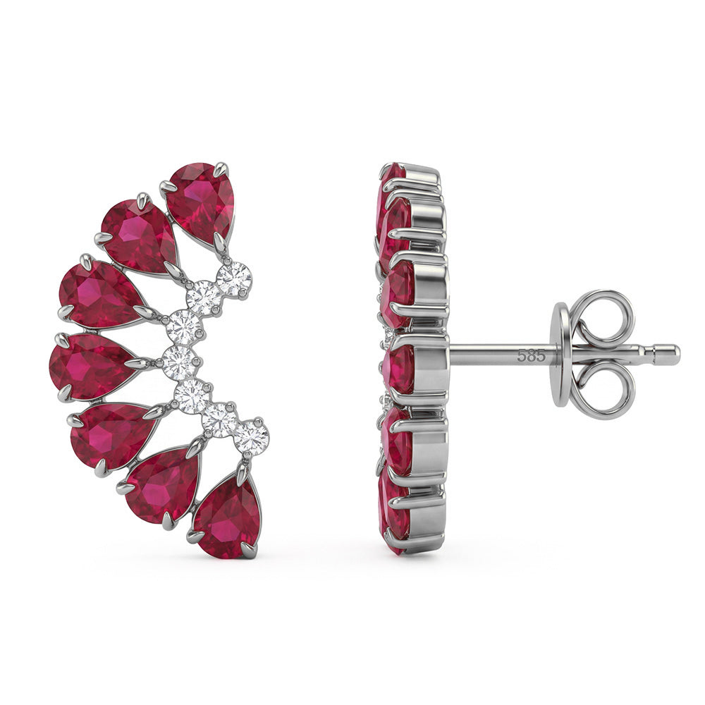 <span style="color:purple">SPECIAL!</span> 2.96ct G SI 14kt White Gold Diamond & Ruby Gemstone Flower Ear Crawler Earrings