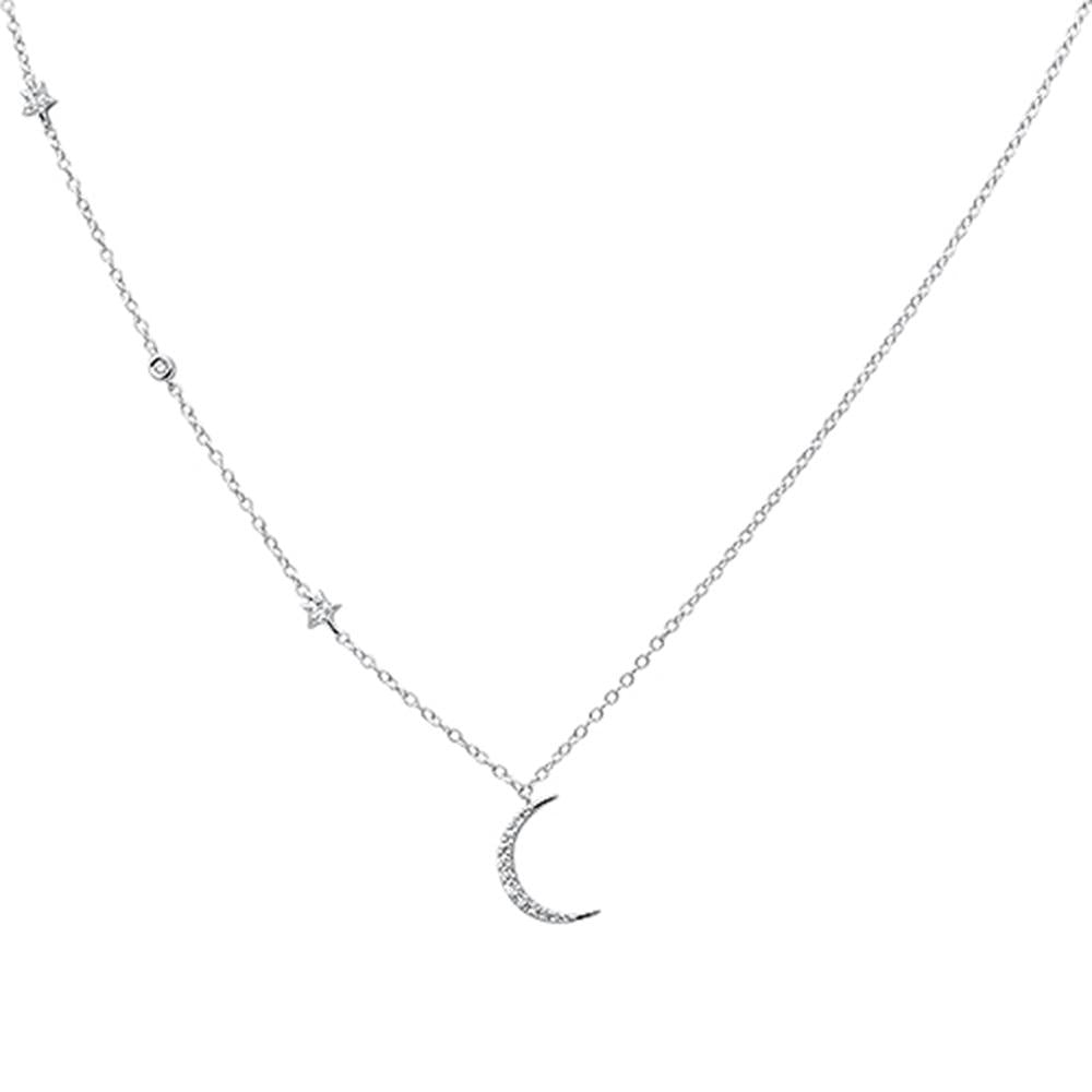 .11ct 14k White Gold Diamond Star Crescent Moon Trendy Necklace 18"