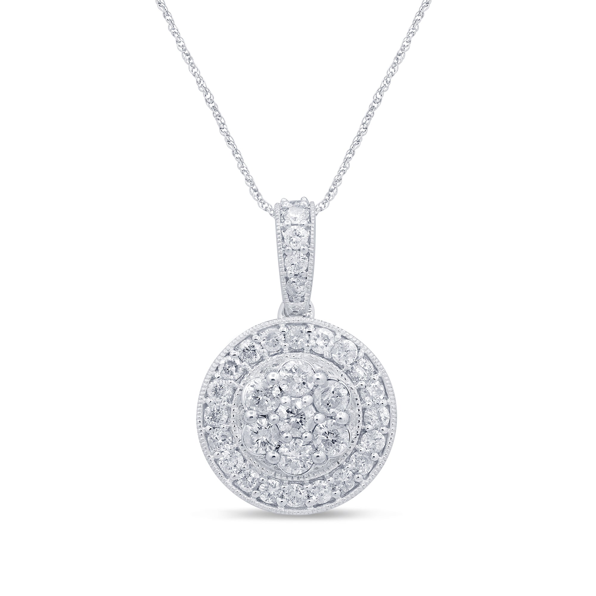 .97ct 14k White Gold Diamond Halo Round Bezel Pendant Necklace 18"