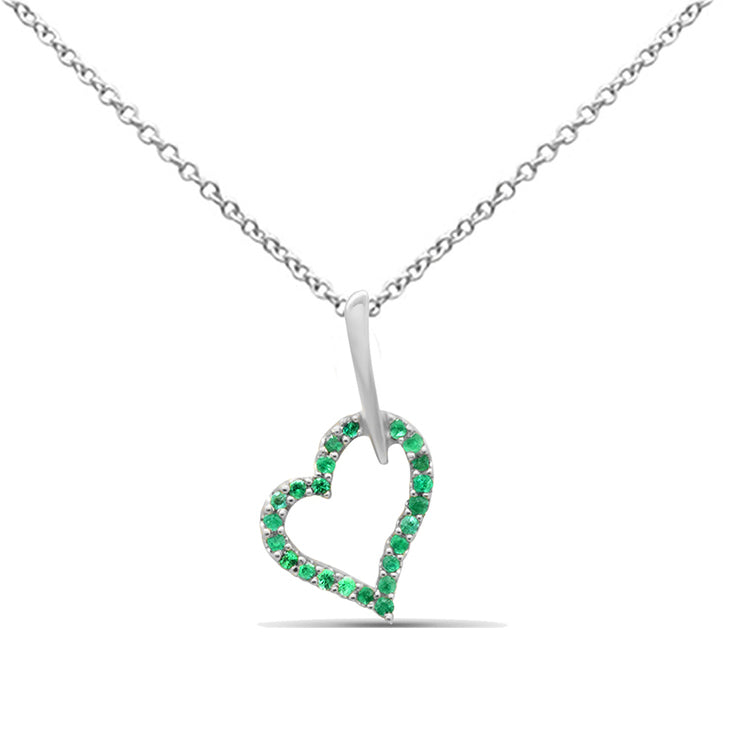 .09ct G SI 14K White Gold Emerald Gemstone Heart Pendant 18" Chain