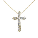 .30ct G SI 14K Yellow Gold Round & Baguette Diamond Cross Pendant Necklace 18" Long