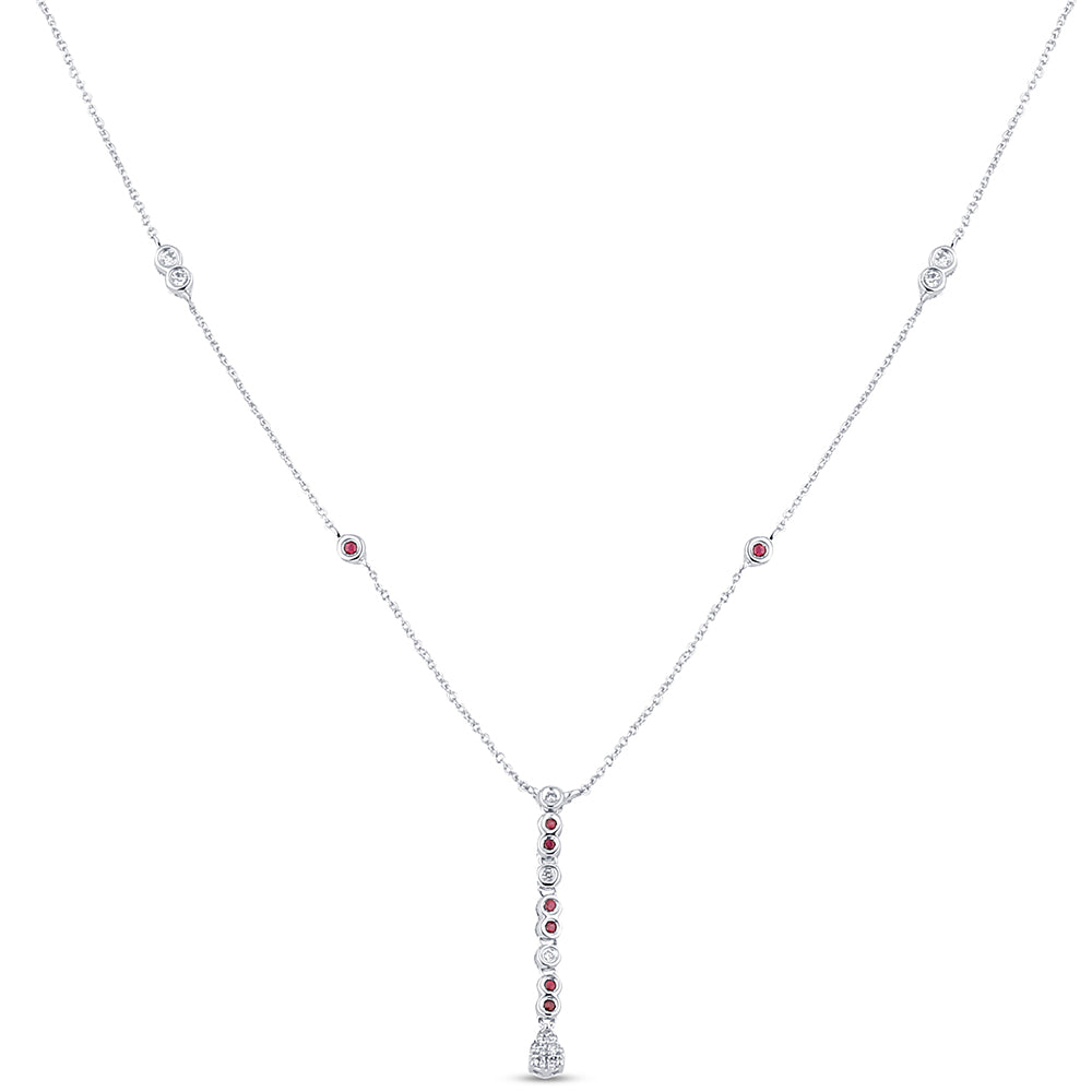 .26ct G SI 14K White Gold Diamond & Ruby Gemstone Pendant Necklace 16+2" Long Chain