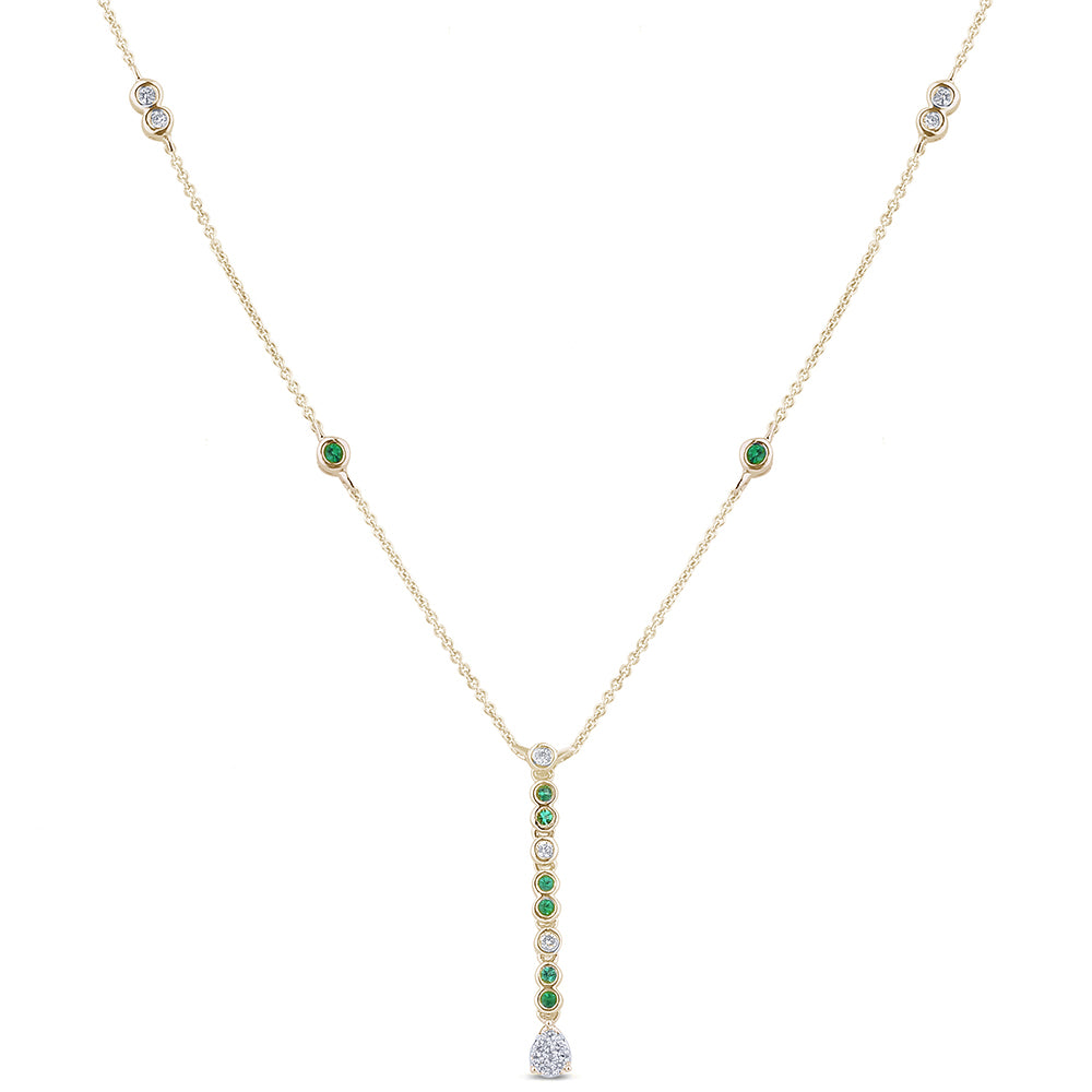.23ct G SI 14K Yellow Gold Diamond Emerald Gemstone Dangling Pendant Necklace 16" + 2" EXT
