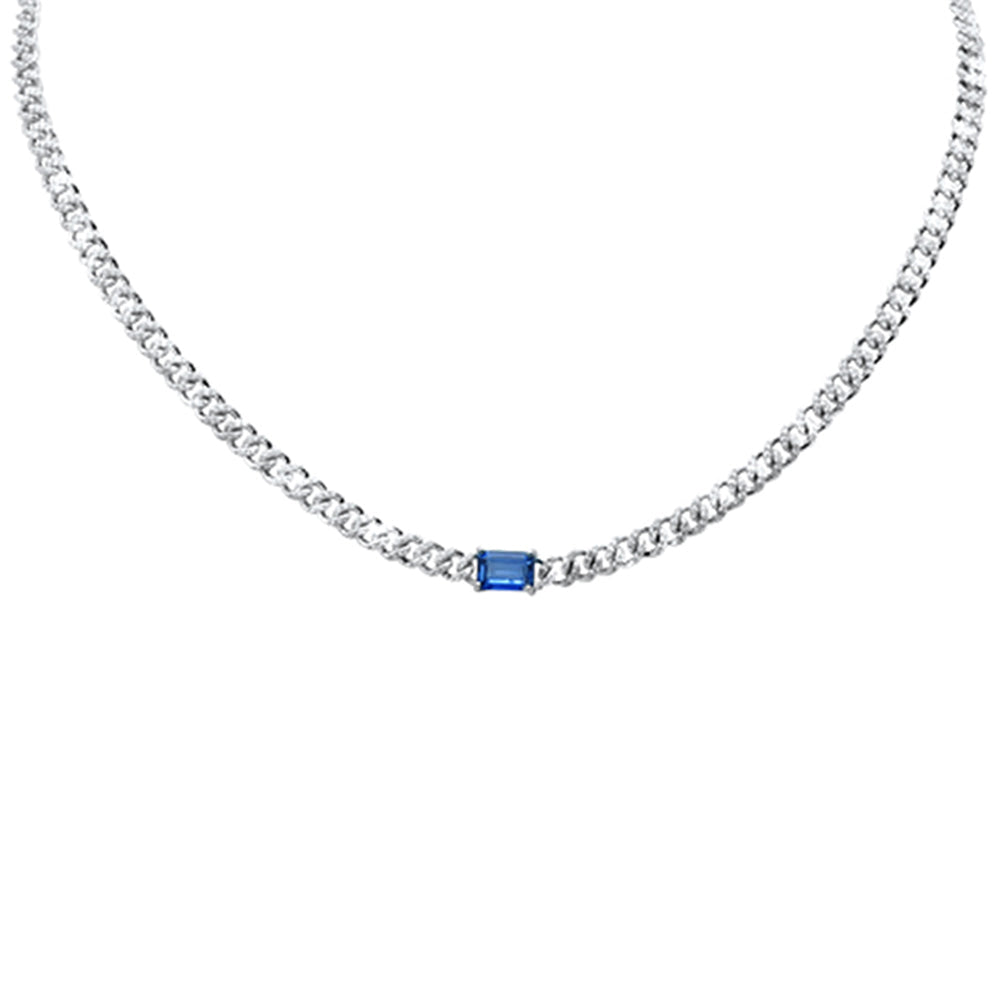 <span>GEMSTONE CLOSEOUT! </span> 2.66ct G SI 14K White Gold Blue Sapphire Gemstone & Diamond Cuban Necklace 13+3" Long