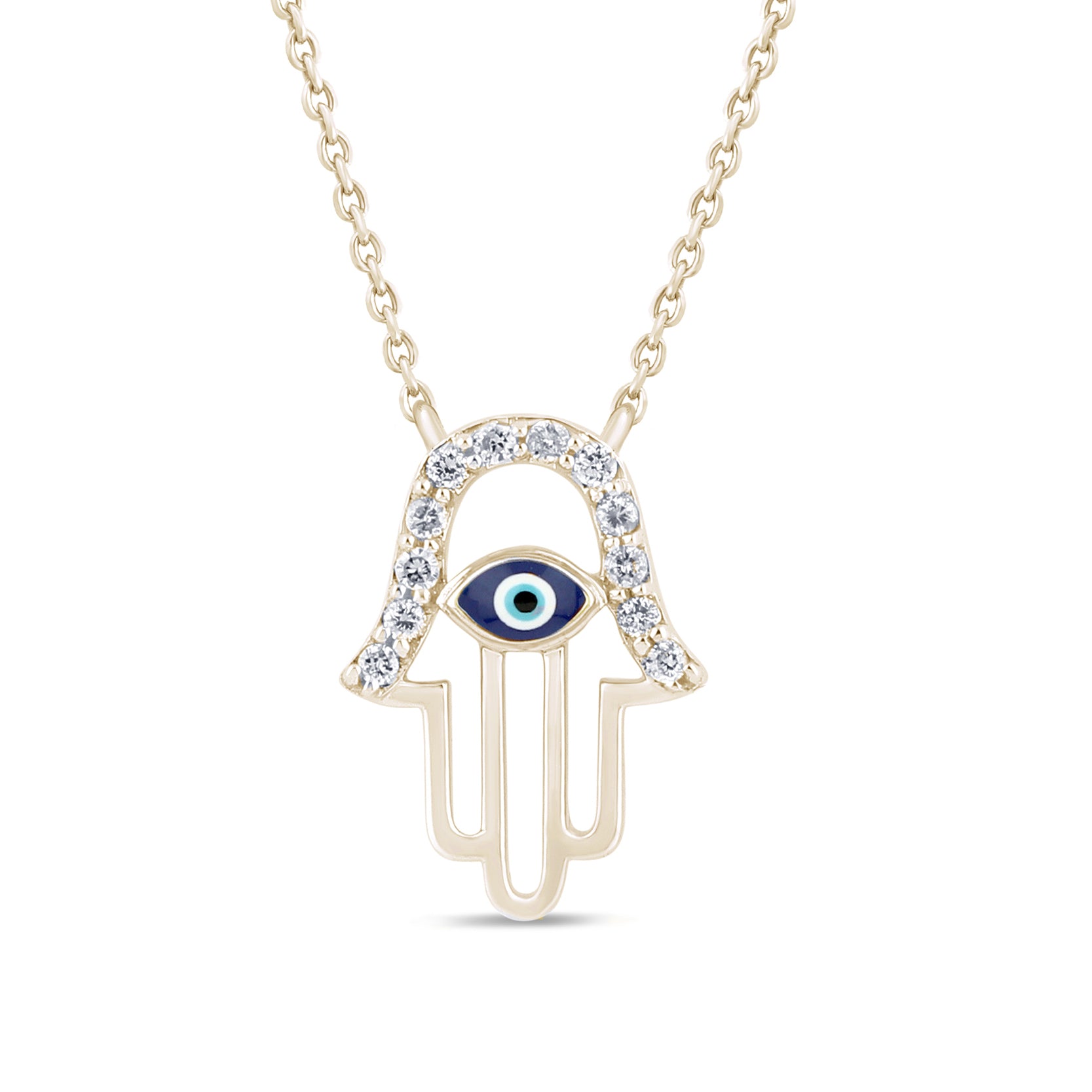 .07ct G SI 14K Yellow Gold Diamond Hamsa Pendant Necklace 16" +2" EXT