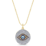 .49ct G SI 14K Yellow Gold Diamond & Blue Sapphire Gemstones Round Evil Eye Pendant Necklace 18" Long