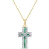 .35ct G SI 14K Yellow Gold Diamond & Emerald Gemstone Cross Pendant Necklace 16" + 2" Ext