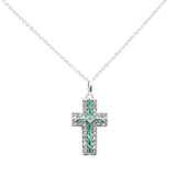 <span style="color:purple">SPECIAL!</span> .35ct G SI 14K White Gold Diamond & Emerald Gemstone Cross Pendant Necklace 16" + 2" Ext
