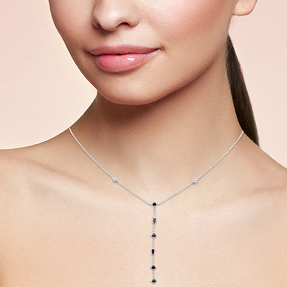 <span style="color:purple">SPECIAL!</span>  .90ct G SI 14K White Gold Diamond & Blue Sapphire Gemstone Lariat Necklace 16" Long