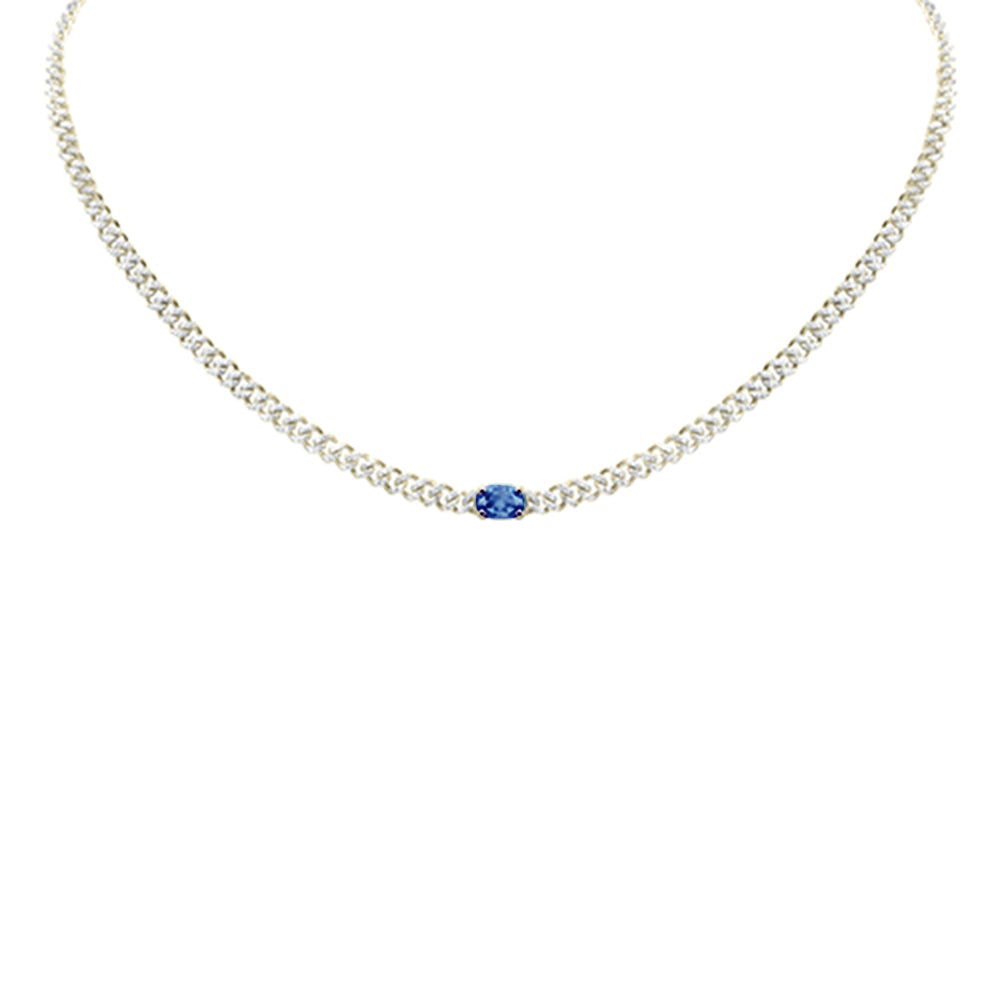 <span style="color:purple">SPECIAL!</span> 1.66ct G SI 14K Yellow Gold Round Diamond & Oval Shaped Blue Sapphire Cuban Necklace 13 + 3" Ext.