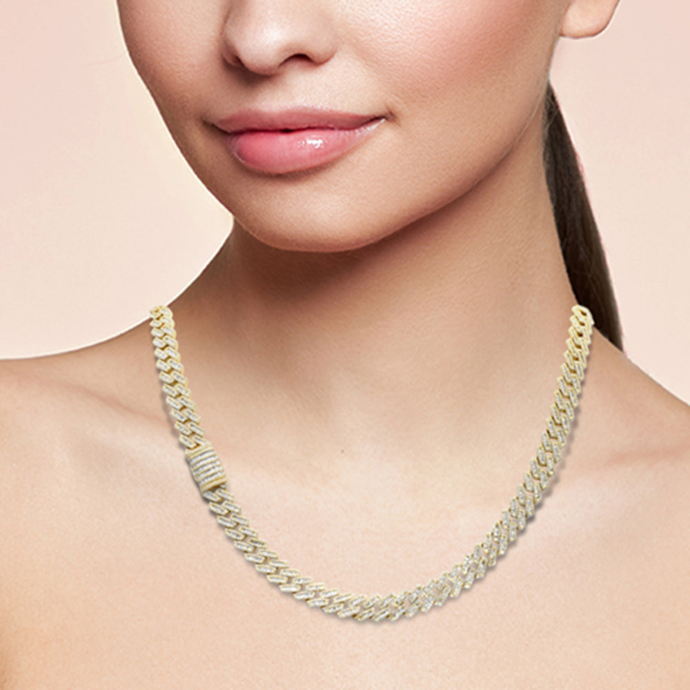 <span style="color:purple">SPECIAL!</span>7MM 7.68ct G SI 14K Yellow Gold Baguette & Round Diamond Square Cuban Necklace 22" Long