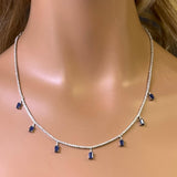 3.73ct G SI 14K White Gold Diamond & Blue Sapphire Tennis Necklace 13" + 6" EXT
