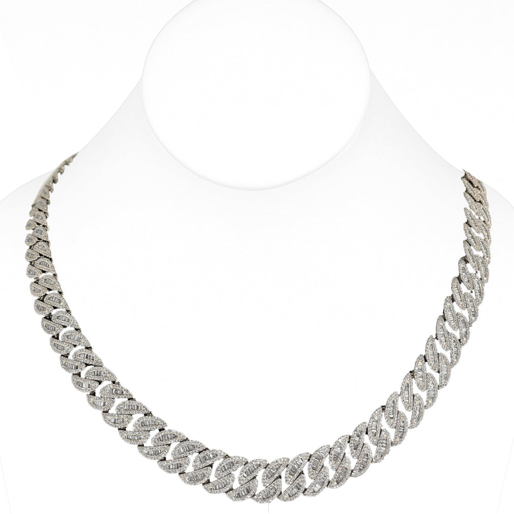 11mm 14.05ct G SI 14K White Gold Baguette & Round Diamond Cuban Necklace 22"