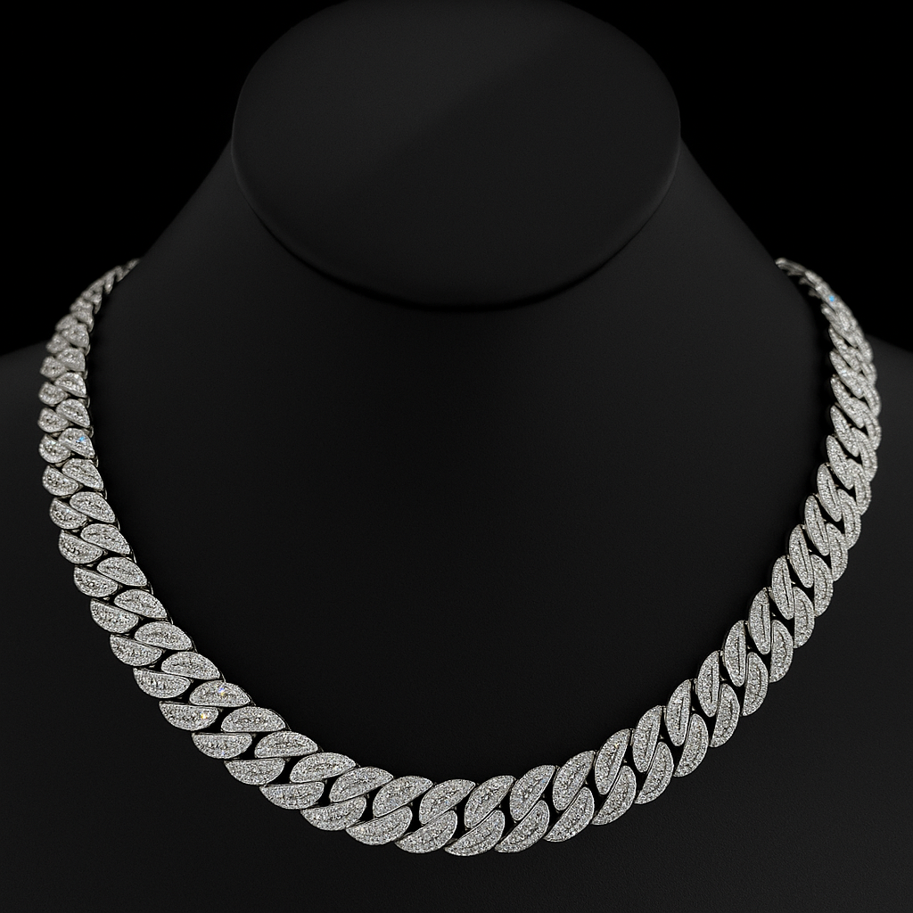 11mm 14.05ct G SI 14K White Gold Baguette & Round Diamond Cuban Necklace 22"