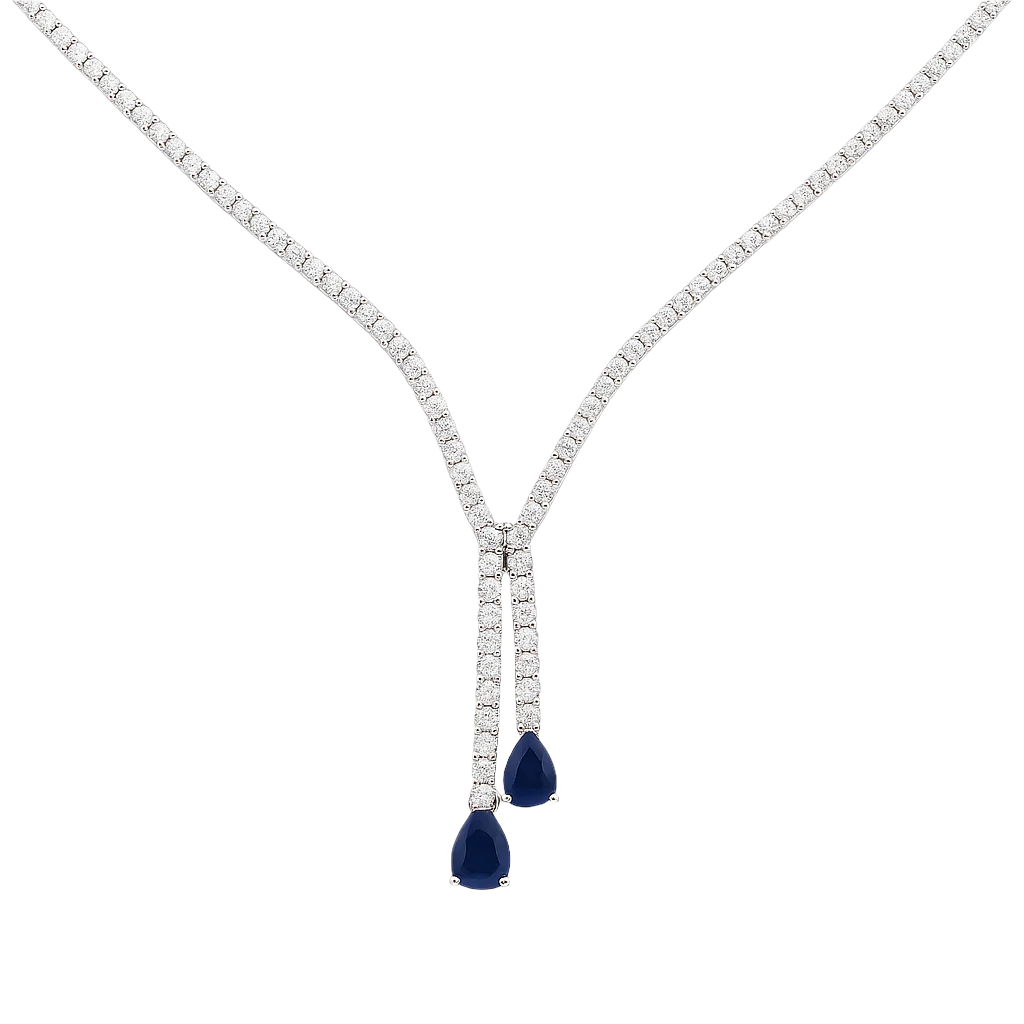 9.90ct G SI 14K White Gold Diamond & Blue Sapphire Tennis Lariat Drop Necklace 16+2" Ext Long