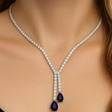 9.90ct G SI 14K White Gold Diamond & Blue Sapphire Tennis Lariat Drop Necklace 16+2" Ext Long