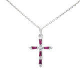 .27ct G SI 14K White Gold Diamond & Ruby Gemstone Pendant Cross Necklace 18" Long