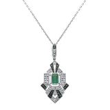 .89ct G SI 14K White Gold Diamond & Emerald Gemstones Geometric Pendant Necklace 18" Long Chain