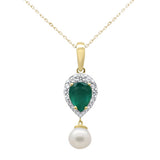 4.22ct G SI 14K Yellow Gold Diamond Natural Emerald & Freshwater Pearl Pendant Necklace 18" Long