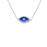 <span style="color:purple">SPECIAL!</span> .13ct G SI 14K White Gold Diamond Blue Enamel Evil Eye Pendant Necklace 16+2" Ext