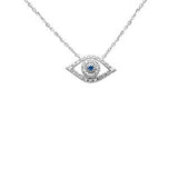 .11ct G SI 14K White Gold Diamond & Blue Sapphire Gemstones Evil Eye Pendant Necklace 16+2" Ext