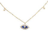 .08ct G SI 14K Yellow Gold Diamond Blue Enamel Evil Eye Pendant Necklace 16+2" Ext