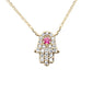 .25ct G SI 14K Yellow Gold Diamond & Ruby Gemstone Hamsa Pendant Necklace 16+2" Ext