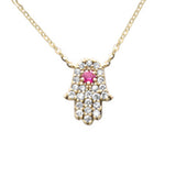 .25ct G SI 14K Yellow Gold Diamond & Ruby Gemstone Hamsa Pendant Necklace 16+2" Ext