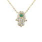 .17ct G SI 14K Yellow Gold Diamond & Emerald Gemstone Hamsa Pendant Necklace 16+2" Ext