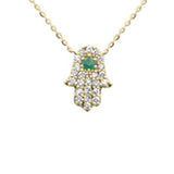 .17ct G SI 14K Yellow Gold Diamond & Emerald Gemstone Hamsa Pendant Necklace 16+2" Ext