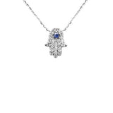<span style="color:purple">SPECIAL!</span> .25ct G SI 14K White Gold Diamond & Blue Sapphire Gemstone Hamsa Pendant Necklace 16+2" Ext