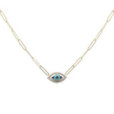 .16ct G SI 14K Yellow Gold Diamond Evil Eye Enamel Paper Clip Pendant Necklace 18" Long