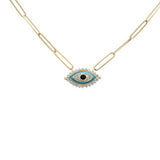 .16ct G SI 14K White Gold Diamond Evil Eye Enamel Paper Clip Pendant Necklace 18" Long