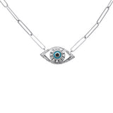 <span style="color:purple">SPECIAL!</span> .13ct G SI 14K White Gold Diamond Evil Eye Enamel Paper Clip Pendant Necklace 18" Long