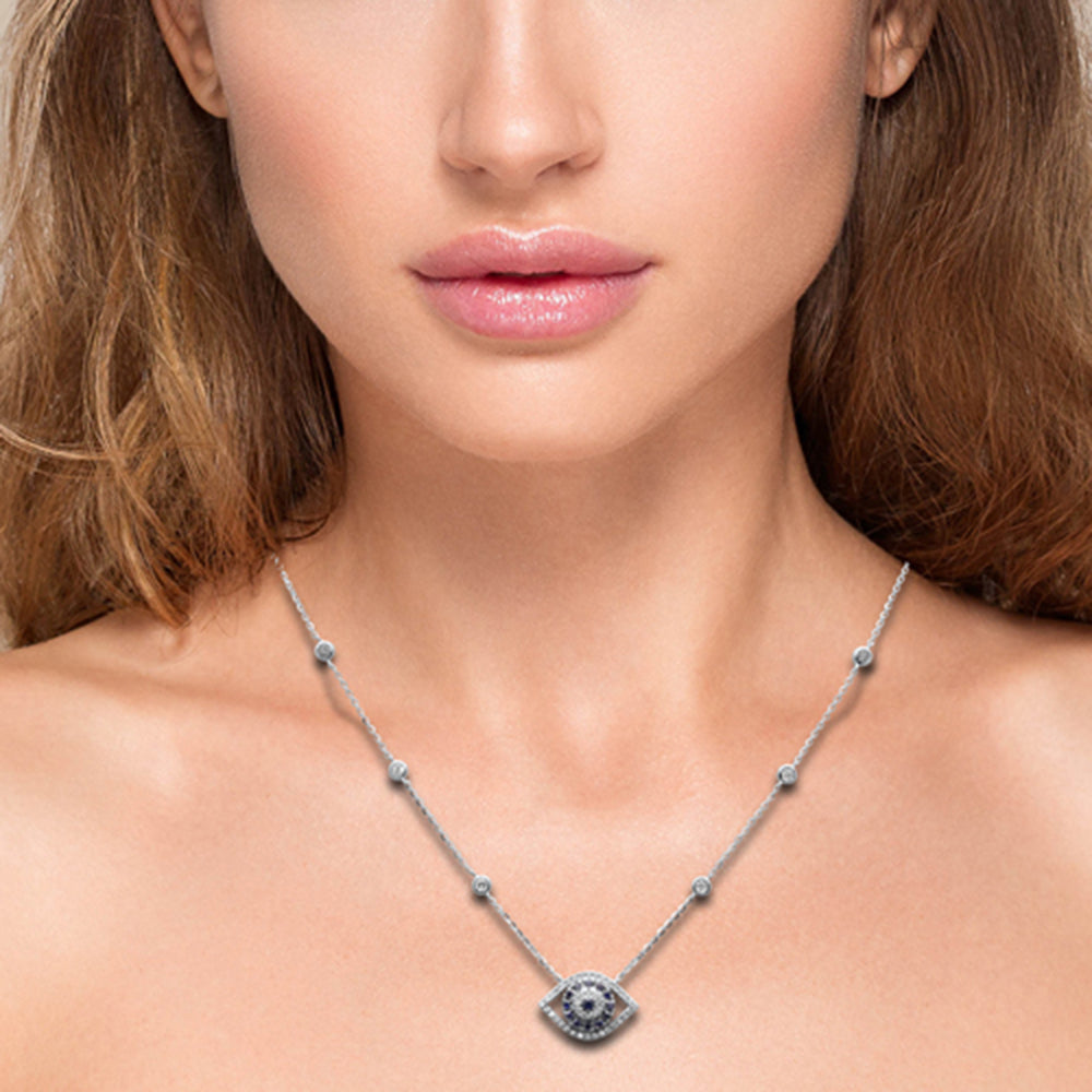<span style="color:purple">SPECIAL!</span> .45ct G SI 14K White Gold Diamond & Blue Sapphire Gemstones Pendant Necklace 16+2" Ext. Long