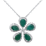 2.23ct G SI 14K White Gold Diamond & Emerald Gemstones Flower Pendant Necklace 18" Long Chain