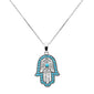 <span style="color:purple">SPECIAL!</span>.80ct G SI 14K White Gold Diamond & Turquoise Hamsa Pendant Necklace 18" Long Chain