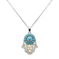 <span style="color:purple">SPECIAL!</span>.97ct G SI 14K Two Tone Gold Diamond & Turquoise Hamsa Pendant Necklace 18" Long Chain